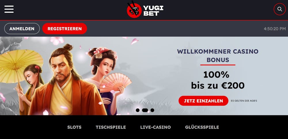 Yugibet Casino Willkommensbonus: Japanische Figuren im Hintergrund, 100% Casino-Bonus bis zu 200€