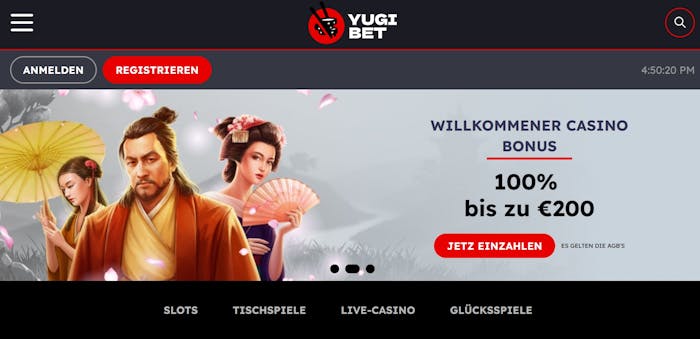 Yugibet Casino Willkommensbonus: Japanische Figuren im Hintergrund, 100% Casino-Bonus bis zu 200€