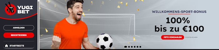 Yugibet Casino Willkommensbonus: Glücklicher Mann mit Fußball, 100% Sportbonus bis zu 100€