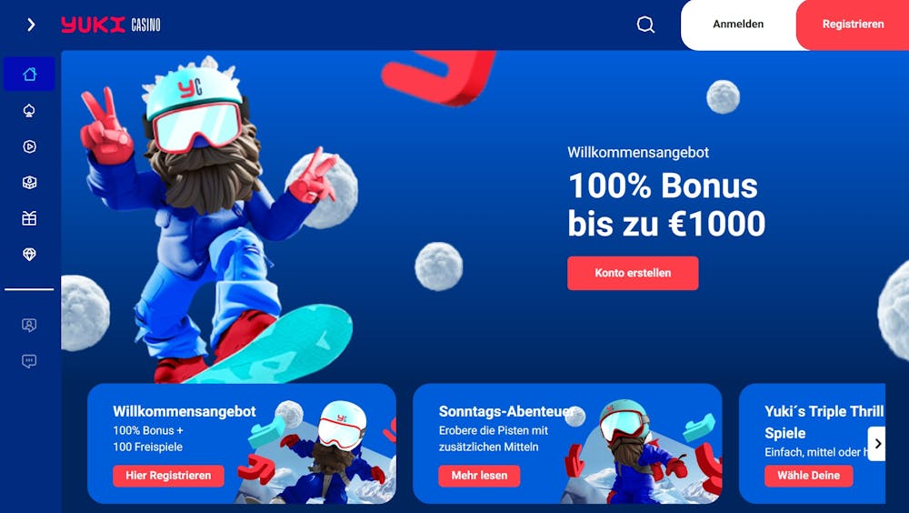 Yuki Casino Willkommensbonus Angebot im blauen Design: 100 % Bonus bis zu 1000 € für Neukunden