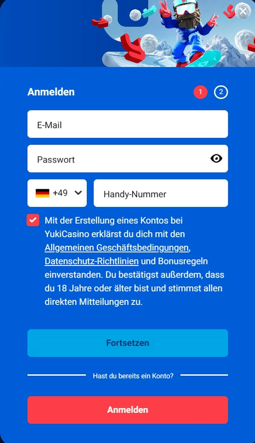 Pop up Screenshot vom Yuki Casino mit der Anmeldemaske. Email, Passwort und Handynummer erforderlich.