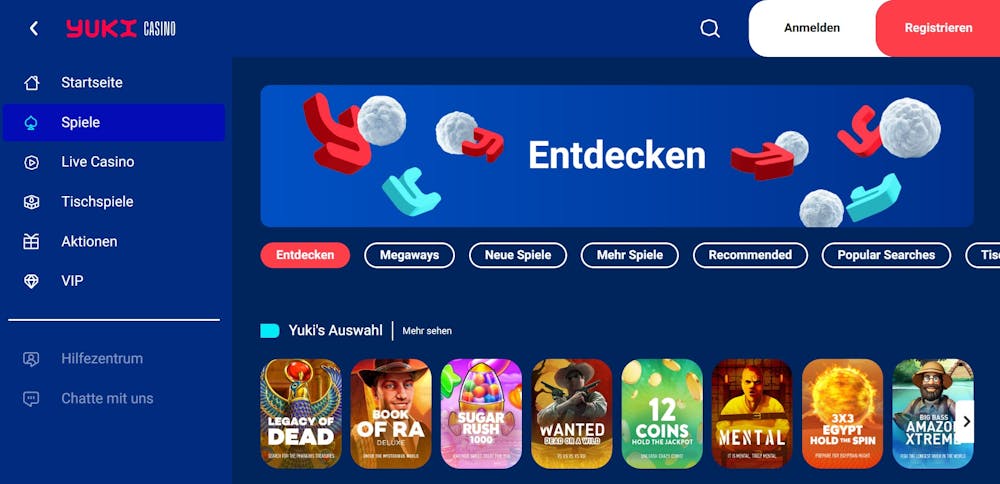 Yuki Casino Startseite im blauen Design mit Spieleauswahl wie Legacy of Dead und Book of Ra