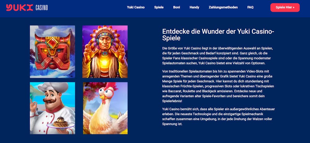 Screenshot von der Spieleauswahl im Yuki Casino auf blauem Hintergrund mit beschreibendem Text.