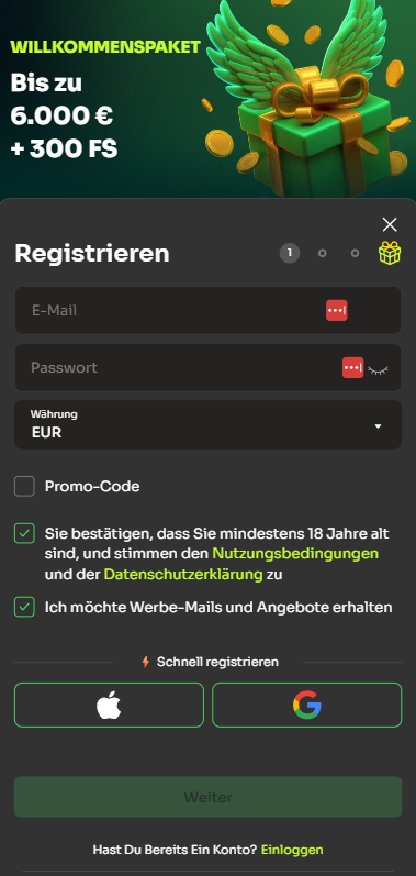 Anmeldeformular im Holy Luck Casino