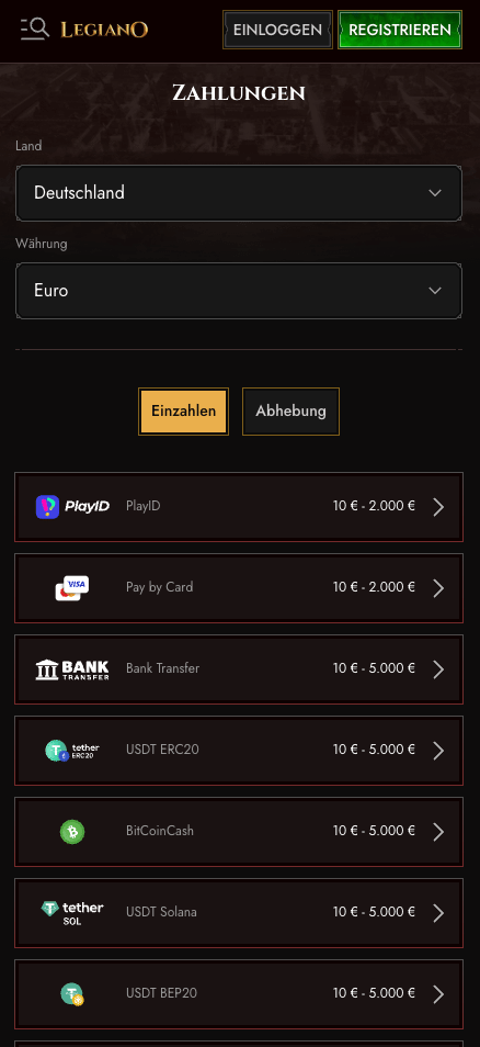 Einzahlungsmethoden im Legiano Casino