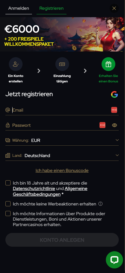 Anmeldeformular im Katsubet Casino
