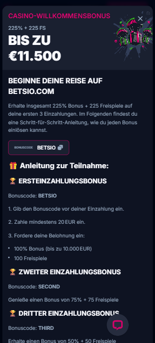 Betsio Casino Screenshot mit dem 100 Prozent Casino Bonus.