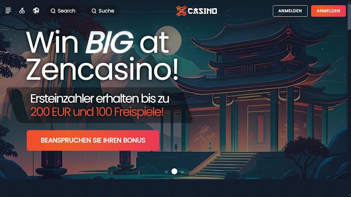 Zen Casino Startseite mit einer Beschreibung über den Willkommensbonus bis zu 200 € und 100 Freispiele