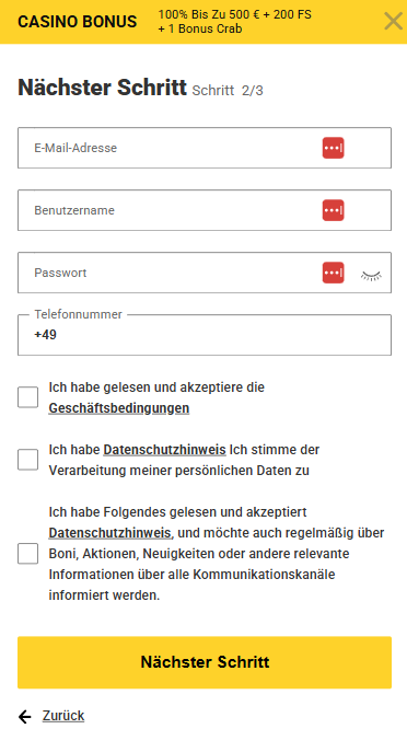 Anmeldeformular im Zet Casino