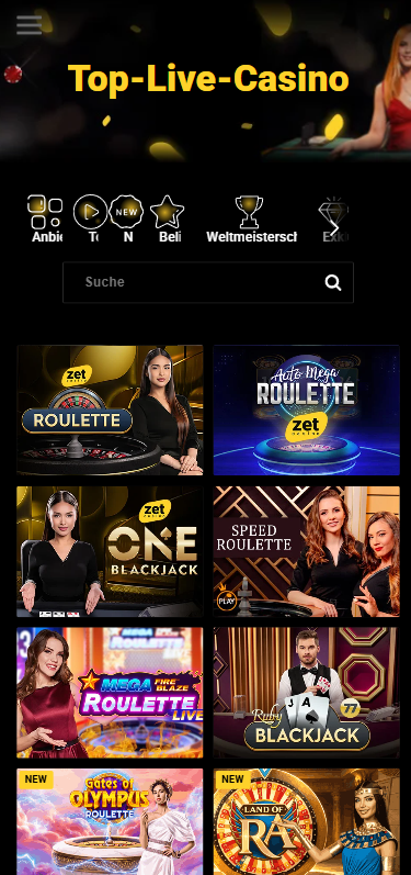 Spiellobby im Zet Casino zeigt Live Casino Spiele wie Auto Mega Roulette