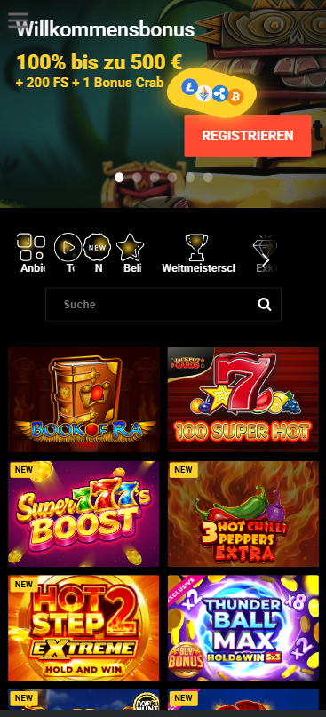 Startseite im Zet Casino zeigt Willkommensbonus und Slots