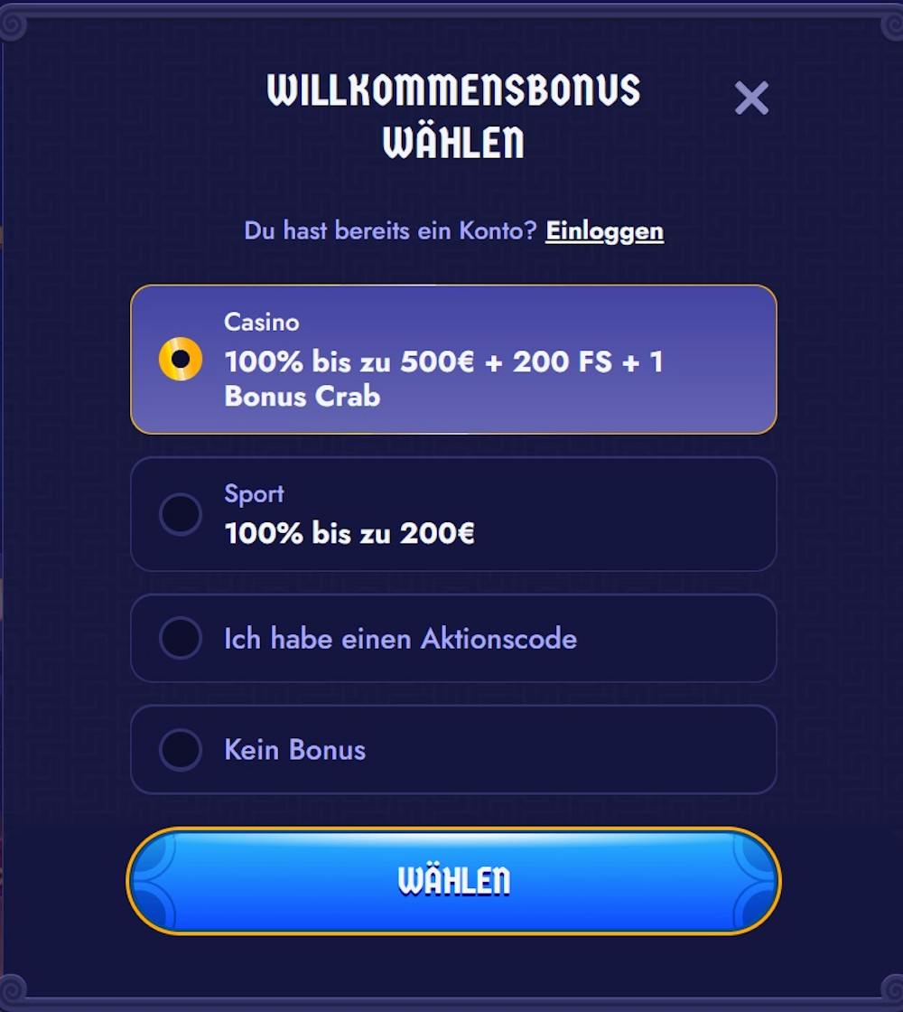 ZeusWin Casino Anmeldeformular mit Auswahl des Casino Bonus, Sportbonus, Aktionscode oder kein Bonus