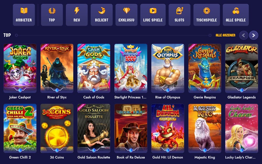 ZeusWin Casino Spielelobby mit Spielkategorien und Auswahl an Top Spielen