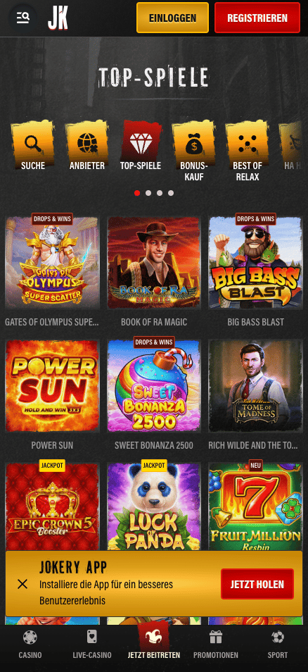 Spiellobby im Jokery Casino zeigt top Spiele wie Book of Ra Magic neben anderen Spielkategorien