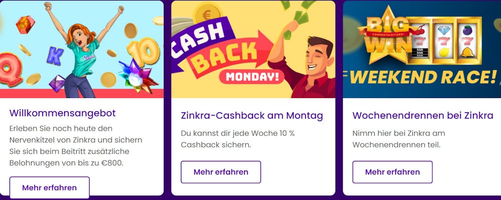 Zinkra Casino Bonusangebote mit Willkommensbonus, Cashback und Wochenendrennen