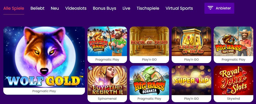 Zinkra Casino Spiellobby mit Spielkategorien und bekannten Slotspielen