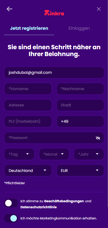 Zinkra Casino Anmeldeformular