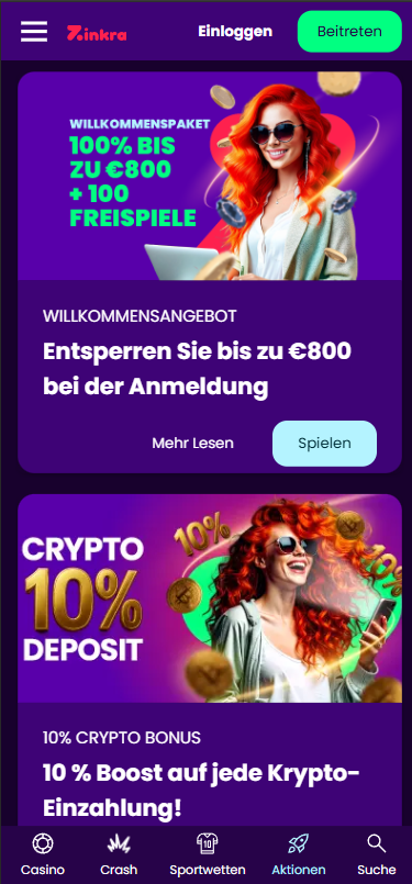 Zinkra Casino Bonusangebote mit Willkommensbonus, Cashback und Wochenendrennen