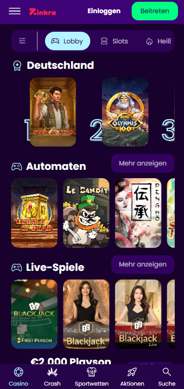 Zinkra Casino Spiellobby mit Spielkategorien und bekannten Slotspielen