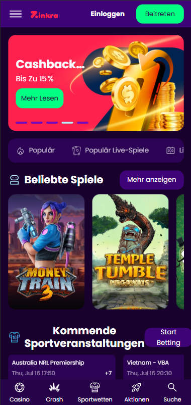 Zinkra Casino Startseite mit Suchleiste, Anmeldebutton, Kategorien, Willkommensbonusangebot und Anmeldeformular