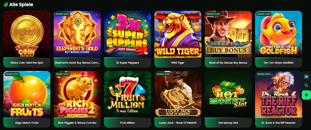 Spiellobby im Zip Casino zeigt alle Spiele wie Fruit Million neben anderen Spielen