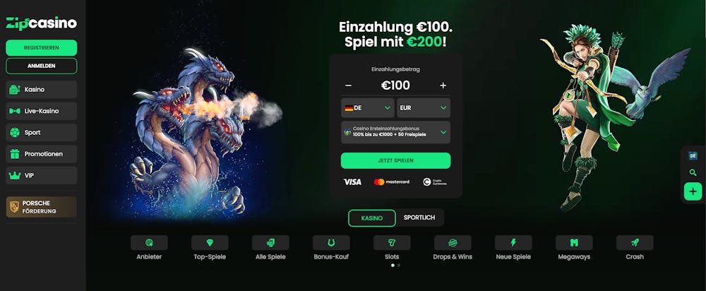 Startseite im Zip Casino zeigt Menü, Bonusangebot, Anmeldeformular und Spielkategorien