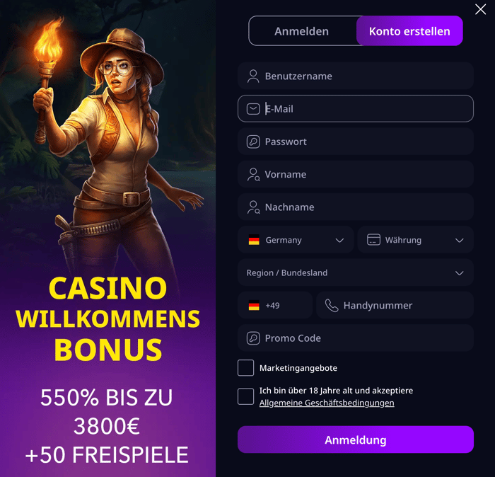 Anmeldeformular im Zizobet Casino