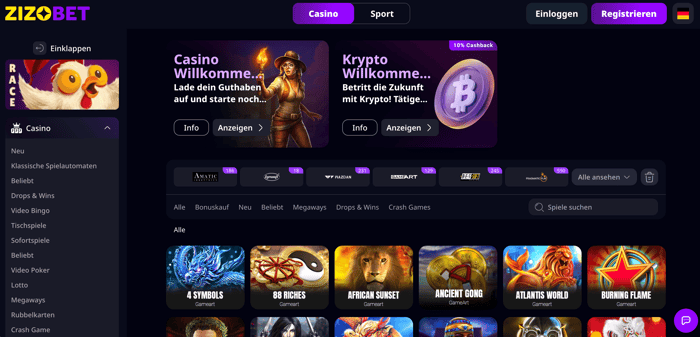 Startseite im Zizobet Casino zeigt Willkommensboni, Spielkategorien und Menü