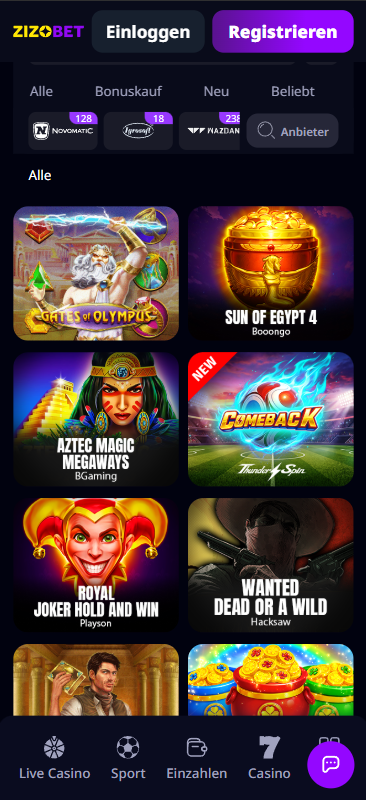 Spiellobby im Zizobet Casino zeigt 