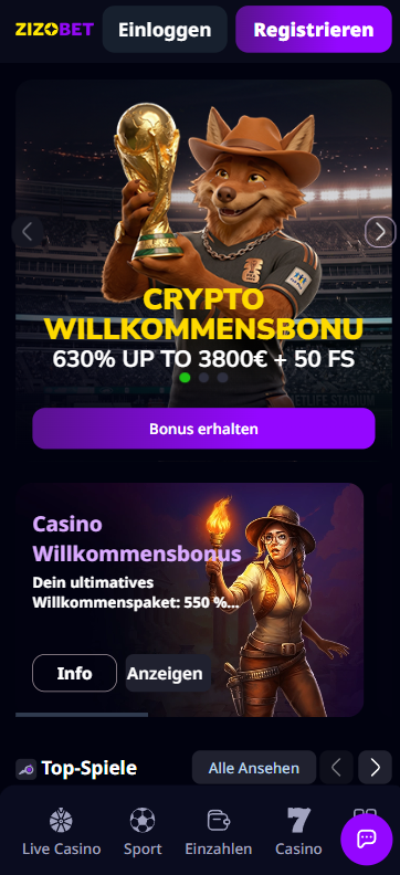 Startseite im Zizobet Casino zeigt Krypto und Casino Willkommensbonus