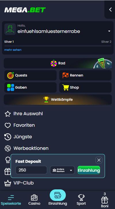 Megabet Screenshot mit der Startseite.