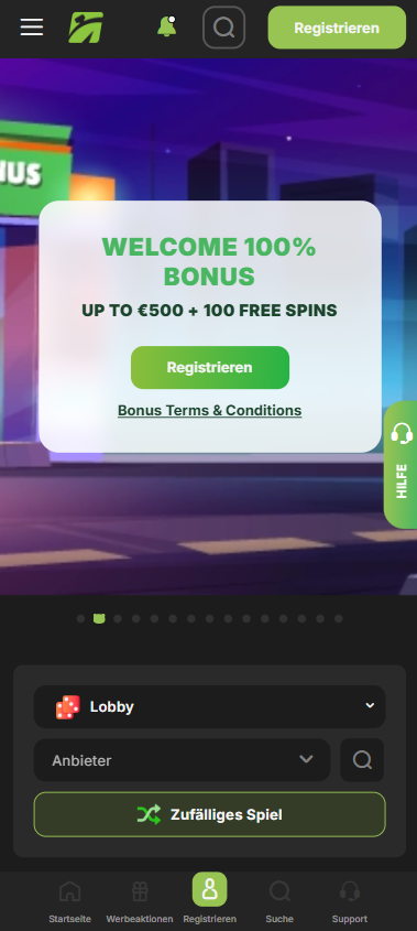 Startseite im Fast Pay Casino zeigt Willkommensbonus und Lobby