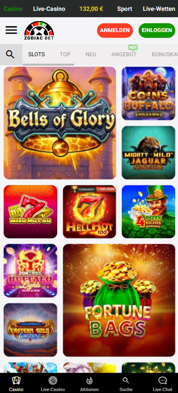 Spiellobby im Zodiac Bet Casino zeigt Spiele wie Bells of Glory neben anderen Spielkategorien