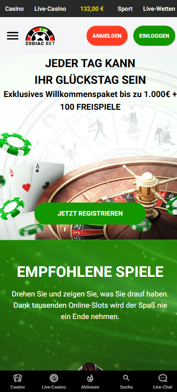 Startseite im Zodiac Bet Casino zeigt Willkommensbonus und Casino Bereiche