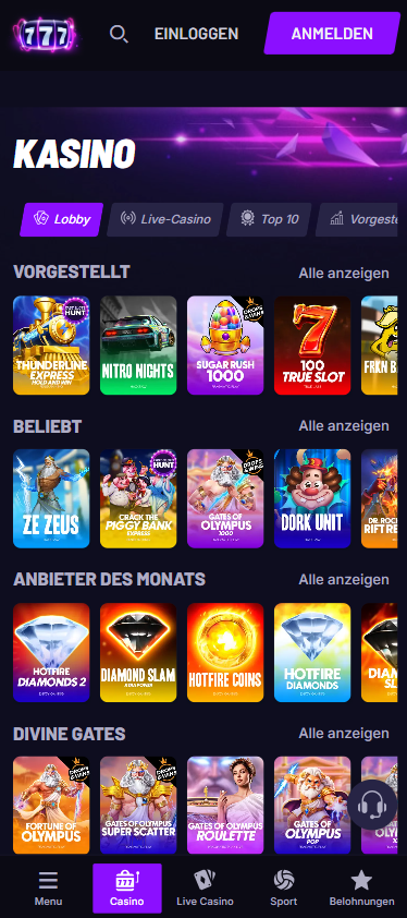 Spiellobby im Fast Slots Casino zeigt Spiele wie Sugar Rush 1000 neben anderen Spielkategorien