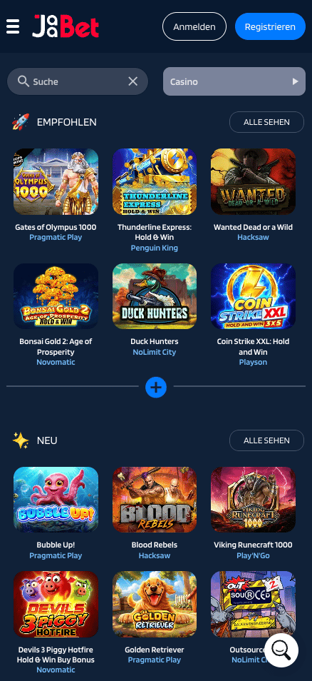 Spiellobby im Jaabet Casino zeigt empfohlene Spiele wie Sweet Bonanza 1000