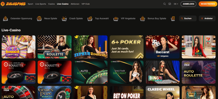 Zuluspins Casino Screenshot mit der Live Casino Seite,