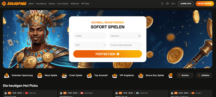 Zuluspins Casino Screenshot mit der Startseite und dem Willkommensbonus.