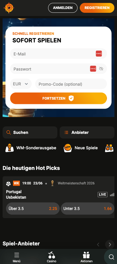 Startseite im Zuluspins Casino zeigt Anmeldeformular und hot Picks