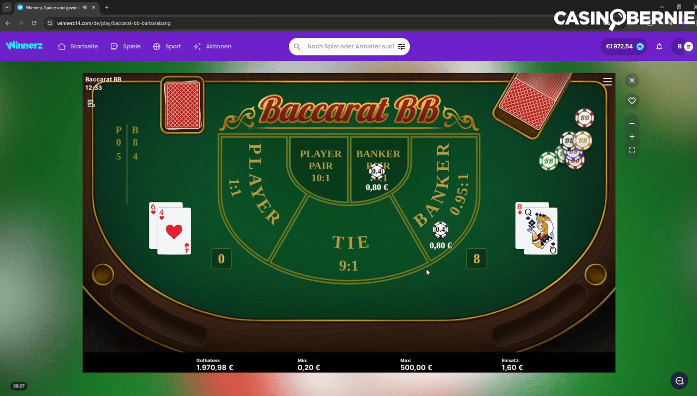 Baccarat BB Spiel im Winnerz Casino mit CasinoBernie Logo
