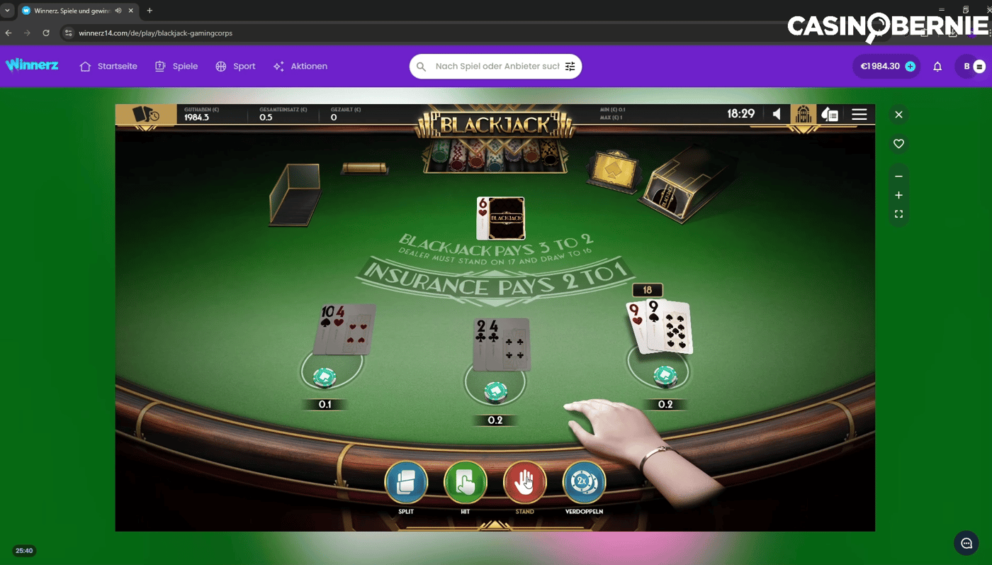 Blackjack Multihand im Winnerz Casino und CasinoBernie Logo