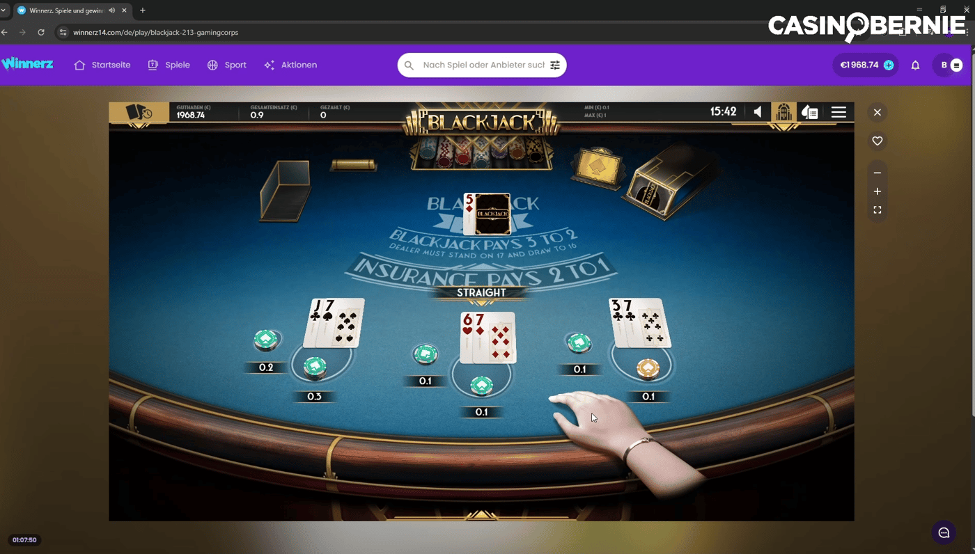 Blackjack 21+3 Multihand Blackjack im Winnerz Casino und CasinoBernie Logo