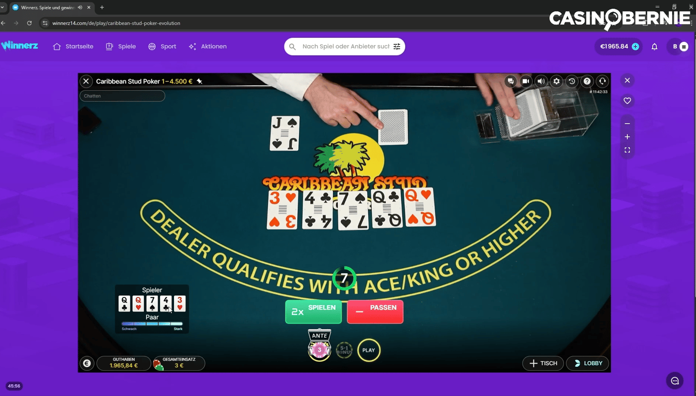 Caribbean Stud Poker Spiel im Winnerz Casino und CasinoBernie Logo