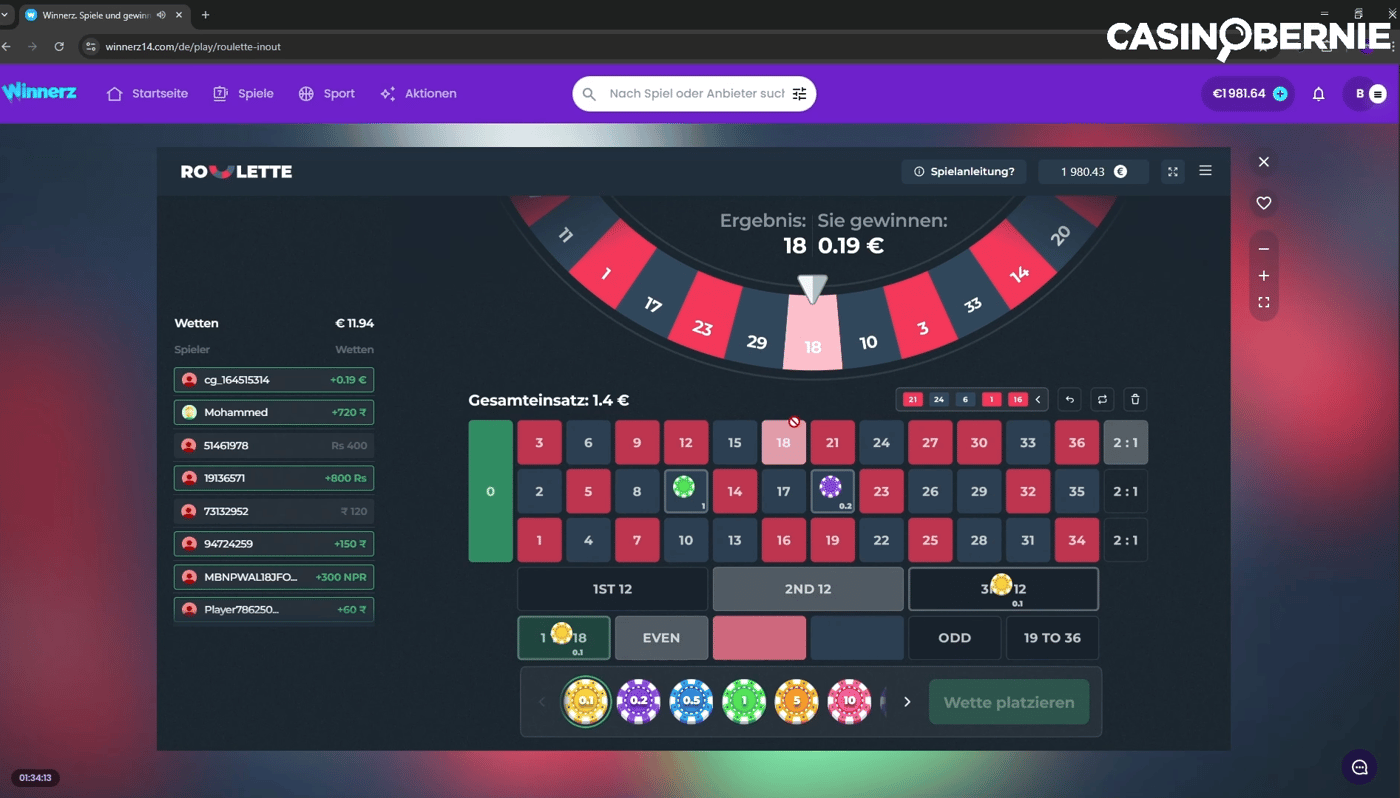 Roulette Spiel im Winnerz Casino und CasinoBernie Logo