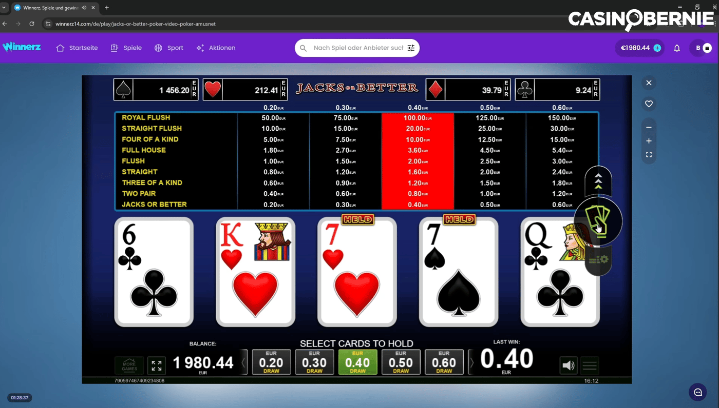 Jacks or Better Video Poker im Winnerz Casino und CasinoBernie Logo