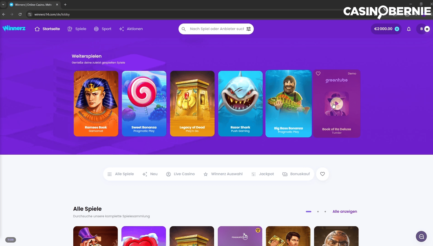 Startseite im Winnerz Casino und CasinoBernie Logo
