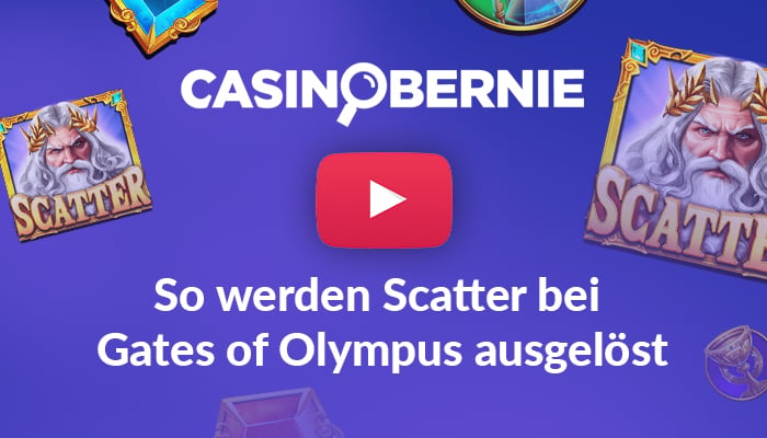 CasinoBernie Logo über YouTube Logo und Text "So werden Scatter bei Gates of Olympus ausgelöst"