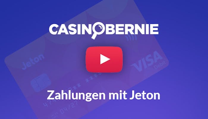 Casino Bernie Logo, YouTube Logo und Text Zahlungen mit Jeton vor Hintergrund mit Jeton Kreditkarte