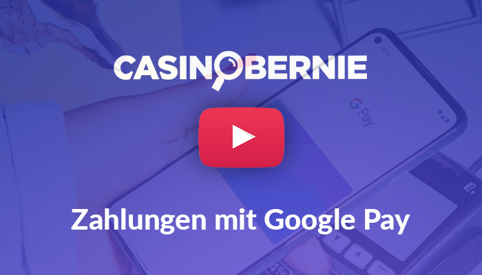CasinoBernie Logo mit Text "Zahlungen mit Google Pay" vor Hintergrund mit Google Wallet auf einem Smartphone